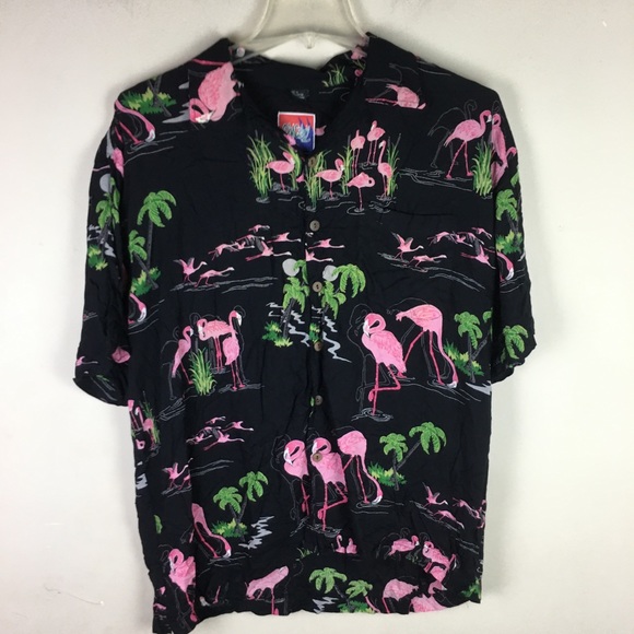 Dem Crazy 1990s pink flamingos button down shirt with coconut shell buttons - Picture 2 of 8